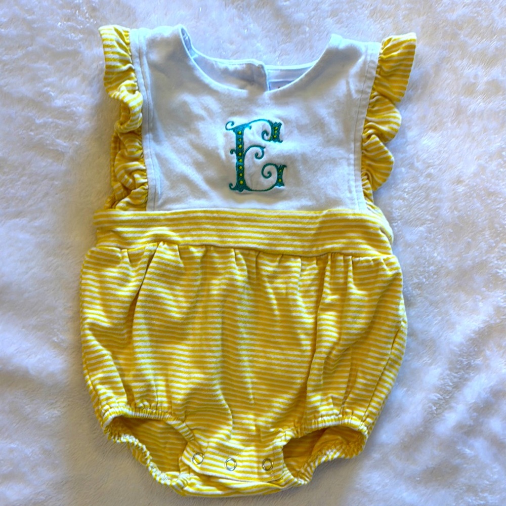 Jellybean Yellow and White Striped “E” Baby Romper